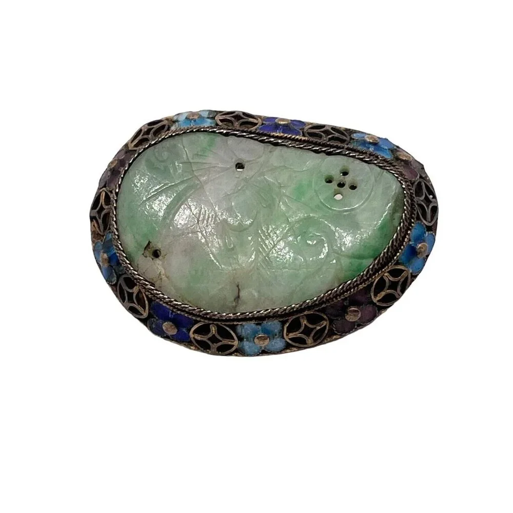 Sterling Silver 925 Carved Jade Enameled Brooch‎ Pin VTG Chinese Asian Flowers